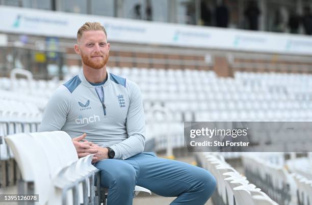 New England Test captain Ben Stokes pictured in the seats at The Riverside during a media session at The Riverside on May 03, 2022 in...