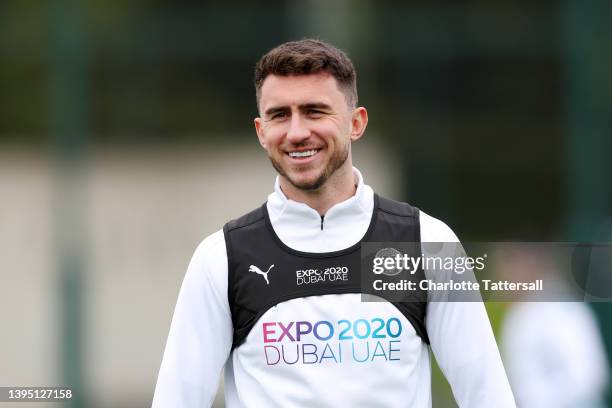 Aymeric Laporte of Manchester City looks on during a training session at Manchester City Football Academy on May 03, 2022 in Manchester, England....