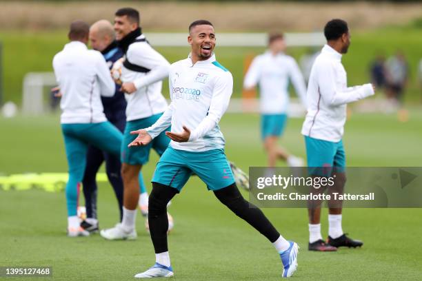 Gabriel Jesus of Manchester City reacts during a training session at Manchester City Football Academy on May 03, 2022 in Manchester, England....