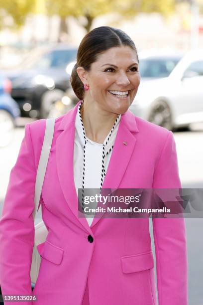 Crown Princess Victoria of Sweden arrives at Norrsken House to participate in round table discussions about start-up ecosystems on May 03, 2022 in...