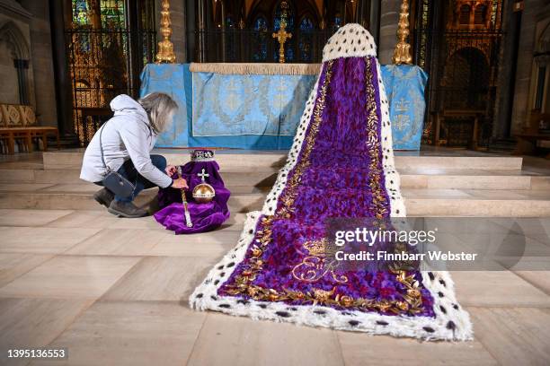 Replica coronation robe made of dyed grasses and gilded ferns is unveiled at Salisbury Cathedral on May 03, 2022 in Salisbury, England. The robe was...