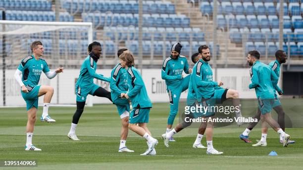 Real Madrid squad is training at Valdebebas training ground on May 03, 2022 in Madrid, Spain.