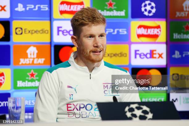 Kevin De Bruyne of Manchester City speaks to the media during a press conference at Manchester City Football Academy on May 03, 2022 in Manchester,...