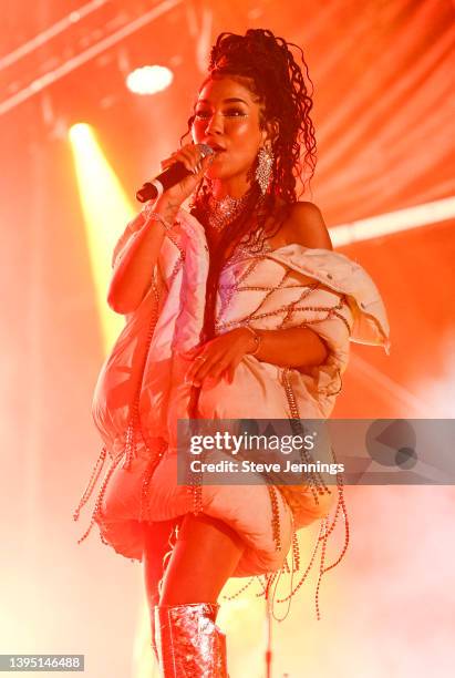 Singer Jhene Aiko performs on Day 2 of Sol Blume Festival 2022 at Discovery Park on May 01, 2022 in Sacramento, California.