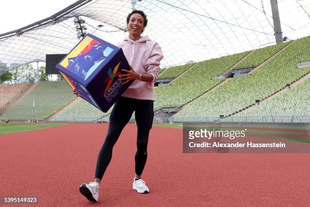 Olympic long jump champion Malaika Mihambo poses at the Olympiastadion Track prior to a press conference 100 days ahead the European Championships...