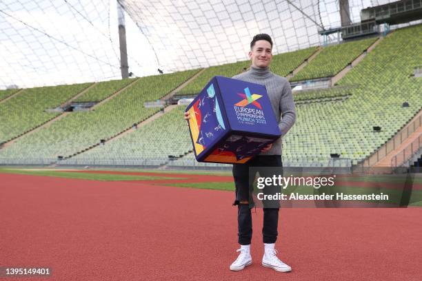 Gymnast Marcel Nguyen poses at the Olympiastadion prior to a press conference 100 days ahead the European Championships Munich 2022 at Olympiastadion...