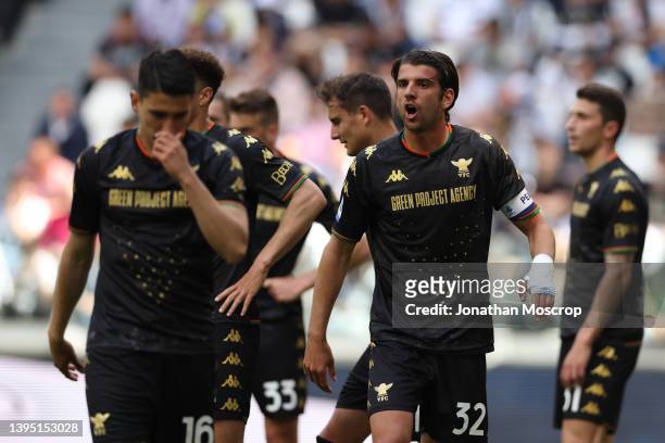 Pietro Ceccaroni of Venezia FC organizes the defence during the Serie A match between Juventus and Venezia FC at Allianz Stadium on May 01, 2022 in...