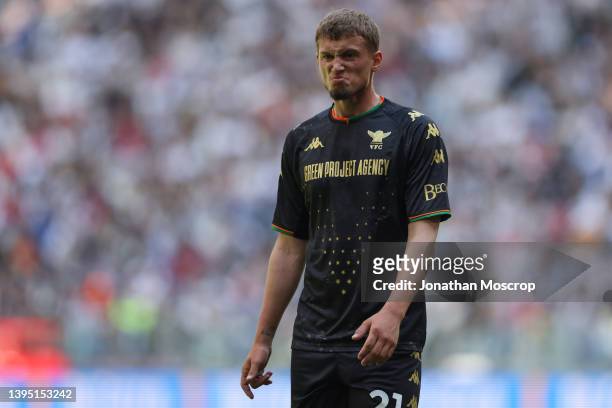 Michael Cuisance of Venezia FC reacts during the Serie A match between Juventus and Venezia FC at Allianz Stadium on May 01, 2022 in Turin, Italy.