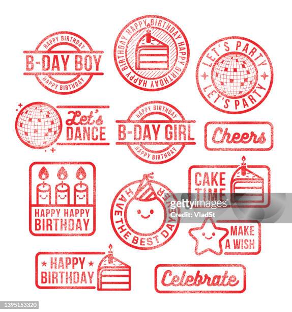 ilustrações de stock, clip art, desenhos animados e ícones de happy birthday party rubber stamps vector - globo espelhado
