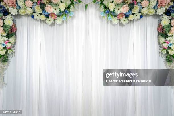 exotic flowers arrangement over  white fabric, flowers background - rose ceremony stock pictures, royalty-free photos & images