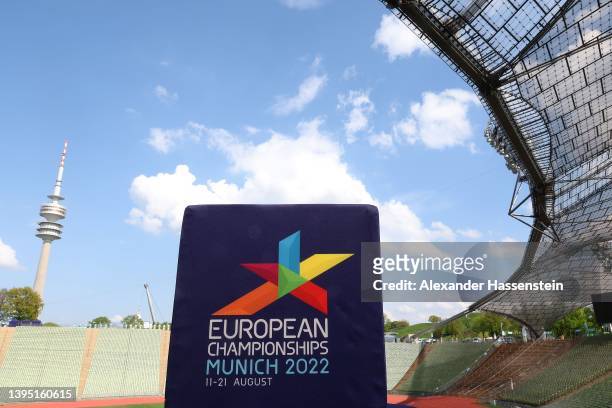 General view of the Olympiastadion prior to a press conference 100 days ahead the European Championships Munich 2022 at Olympiastadion on May 03,...