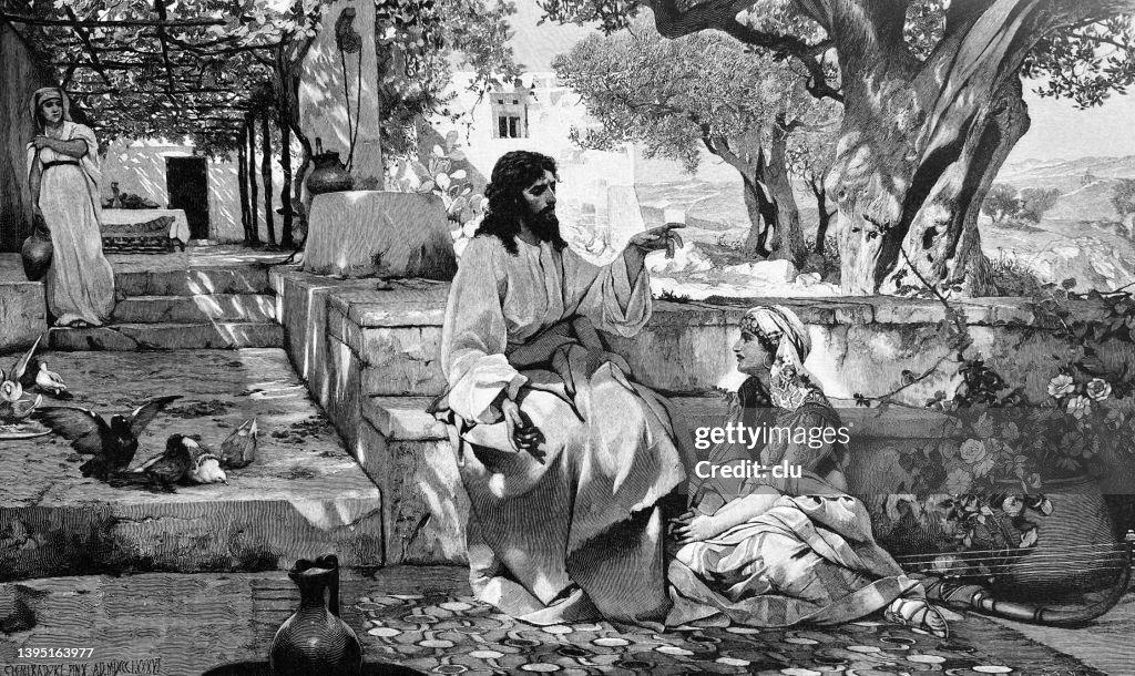 Jesus visiting Mary and Martha, sitting in the garden, talking to Maria
