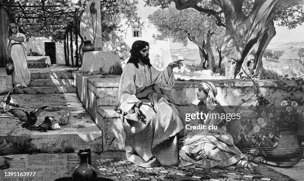 jesus visiting mary and martha, sitting in the garden, talking to maria - jesus talking stock illustrations