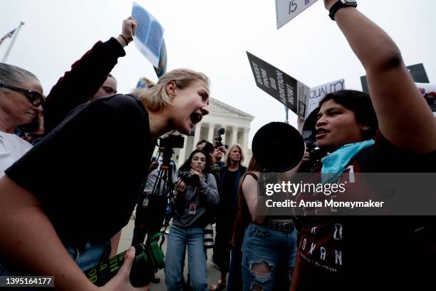 Pro-choice and anti-abortion activists demonstrate in front of the U.S. Supreme Court Building on May 03, 2022 in Washington, DC. In a leaked initial...