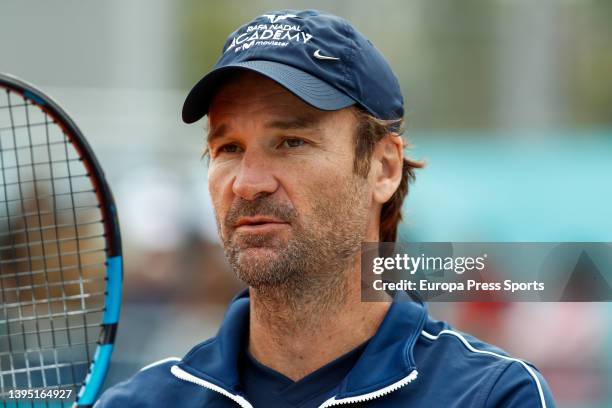 Carlos Moya, coach of Rafael Nadal of Spain looks on during the Mutua Madrid Open 2022 celebrated at La Caja Magica on May 03 in Madrid, Spain.