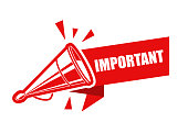Important sign, banner with old tin megaphone or loudspeaker, importance announcement icon, vector
