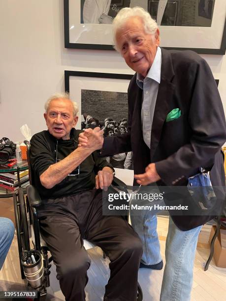 Ron Galella and Harry Benson at Ron's 90th birthday party at his home in Montville, New Jersey on October 23, 2021.