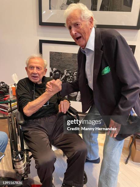 Ron Galella and Harry Benson at Ron's 90th birthday party at his home in Montville, New Jersey on October 23, 2021.