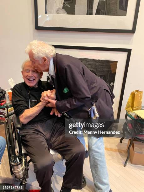 Ron Galella and Harry Benson at Ron's 90th birthday party at his home in Montville, New Jersey on October 23, 2021.