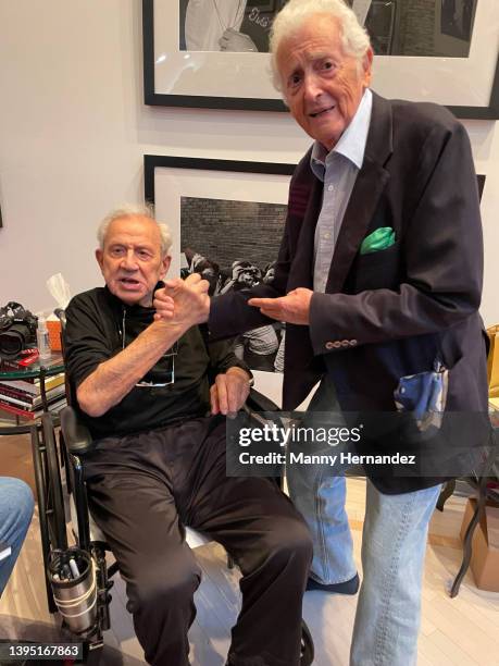 Ron Galella and Harry Benson at Ron's 90th birthday party at his home in Montville, New Jersey on October 23, 2021.