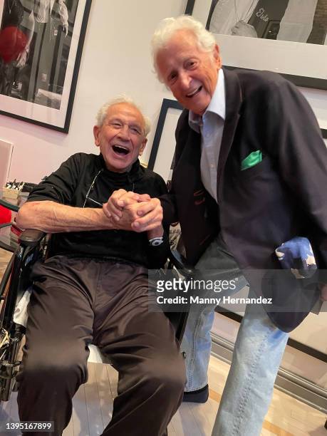Ron Galella and Harry Benson at Ron's 90th birthday party at his home in Montville, New Jersey on October 23, 2021.