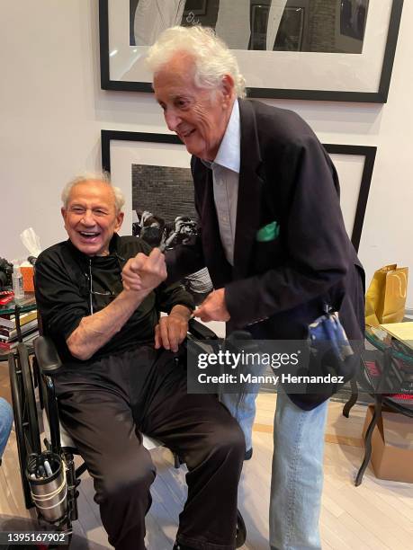 Ron Galella and Harry Benson at Ron's 90th birthday party at his home in Montville, New Jersey on October 23, 2021.