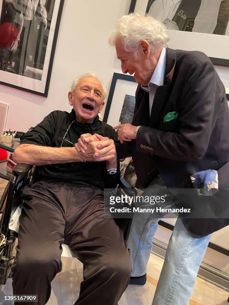 Ron Galella and Harry Benson at Ron's 90th birthday party at his home in Montville, New Jersey on October 23, 2021.