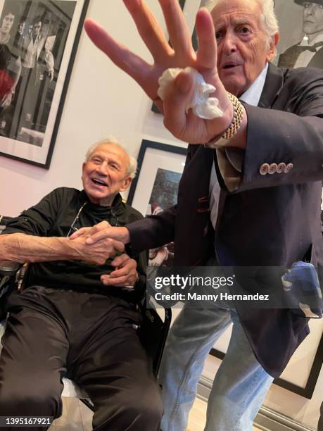 Ron Galella and Harry Benson at Ron's 90th birthday party at his home in Montville, New Jersey on October 23, 2021.