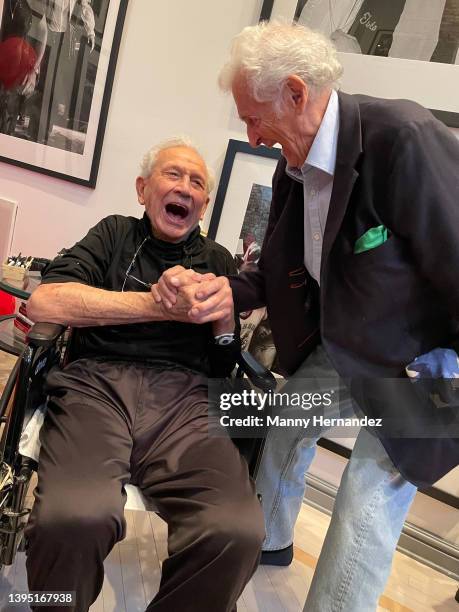 Ron Galella and Harry Benson at Ron's 90th birthday party at his home in Montville, New Jersey on October 23, 2021.