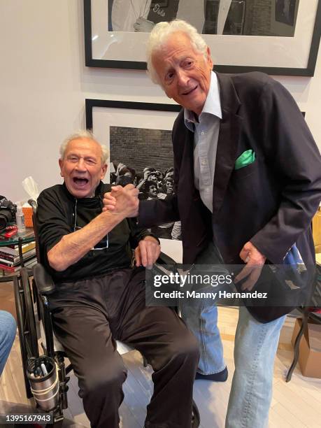 Ron Galella and Harry Benson at Ron's 90th birthday party at his home in Montville, New Jersey on October 23, 2021.