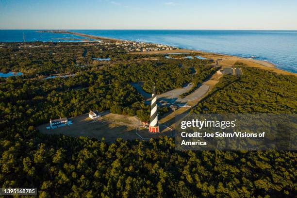 Drone view of Cape Hatteras Light lighthouse, Outer Banks, Cape Hatteras National Seashore in the town of Buxton, North Carolina.