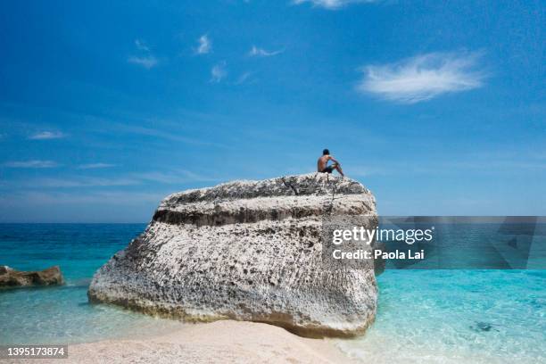 a young man stares at the sea seated on top of a rock, in the seashore of cala mariolu, sardinia. - tyrrhenisches meer stock-fotos und bilder