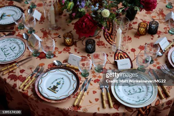 View of table settings at The 2022 Met Gala Celebrating "In America: An Anthology of Fashion" at The Metropolitan Museum of Art on May 02, 2022 in...