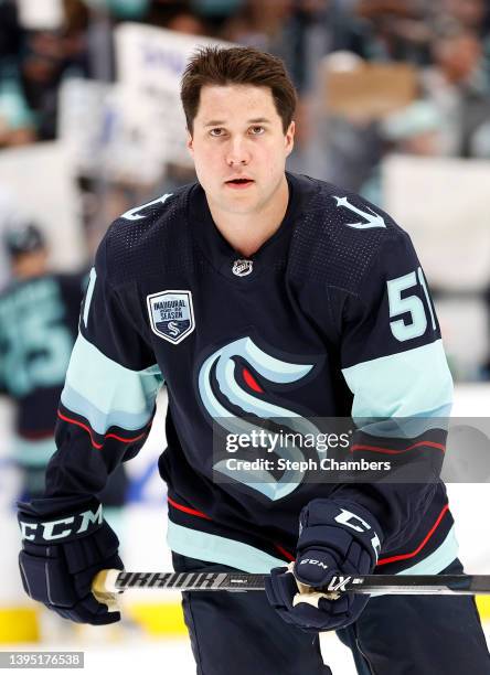 Derrick Pouliot of the Seattle Kraken warms up before the game against the San Jose Sharks at Climate Pledge Arena on April 29, 2022 in Seattle,...