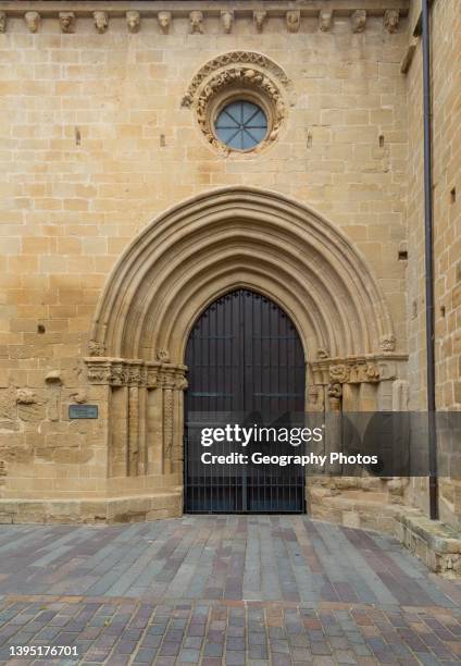 Stone carvings arched doorway, Portada de Los Abuelos, church of San Juan, LaGuardia, Alava, Basque Country, northern Spain.