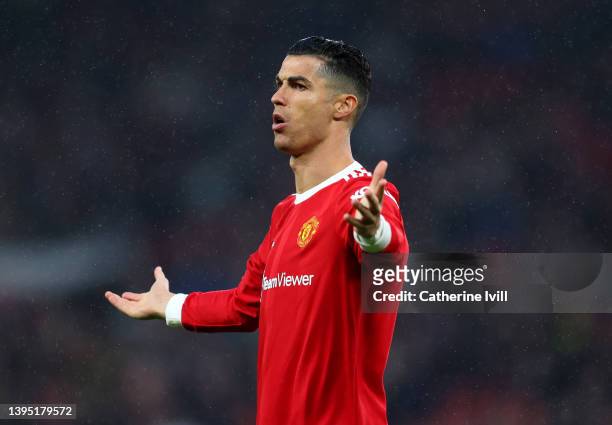 Cristiano Ronaldo of Manchester United reacts during the Premier League match between Manchester United and Brentford at Old Trafford on May 02, 2022...