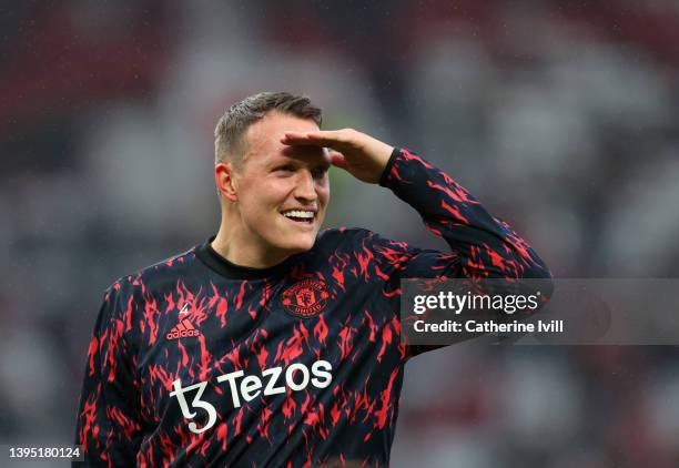 Phil Jones of Manchester United ahead of the Premier League match between Manchester United and Brentford at Old Trafford on May 02, 2022 in...