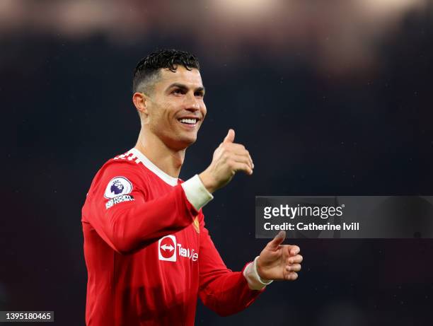 Cristiano Ronaldo of Manchester United smiles following the Premier League match between Manchester United and Brentford at Old Trafford on May 02,...