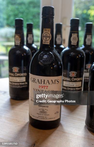 Bottles of vintage port including Graham's 1977 from Oporto, Portugal.