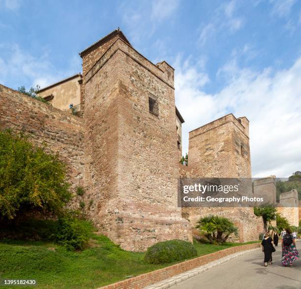Historic walled defenses to Moorish citadel fortress palace of the Alcazaba, Malaga, Andalusia, Spain.