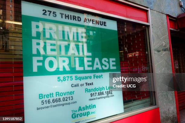 Prime Retail Space for Lease sign in window, Third Avenue, New York City.