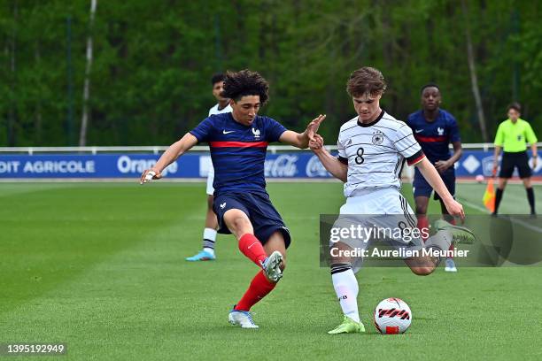 Leonard Kohler of Germany kicks the ball during the international friendly match between France U16 and Germany U16 at INF Clairefontaine on May 03,...