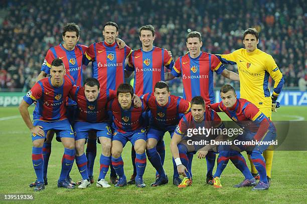 The team of Basel lines up for a team photo prior to the UEFA Champions League round of sixteen first leg match between FC Basel 1893 and FC Bayern...