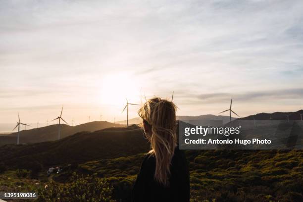 woman contemplating a windmill farm at sunset. - wind power stockfoto's en -beelden