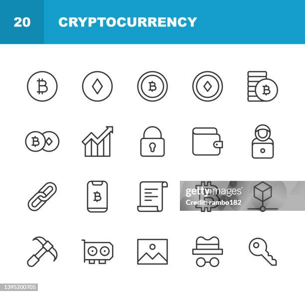 stockillustraties, clipart, cartoons en iconen met cryptocurrency line icons. editable stroke, contains such icons as bitcoin, block, blockchain, chart, coin, computer network, cpu, cryptocurrency, currency, digital, ethereum, finance, gpu, key, miner, mining, money, network, nft, security, wallet, web3. - ethereum
