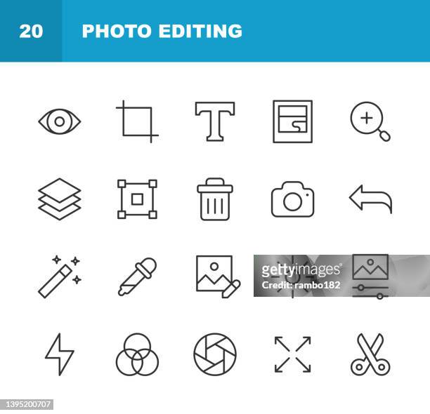 photo editing line icons. editable stroke, contains such icons as art, camera, colour picker, content, cut, delete, exposure, eye, film, font, hand tool, image, image editing, layer, mobile app, photo, photography, social media, software, text, trimming. - graphic content stock illustrations