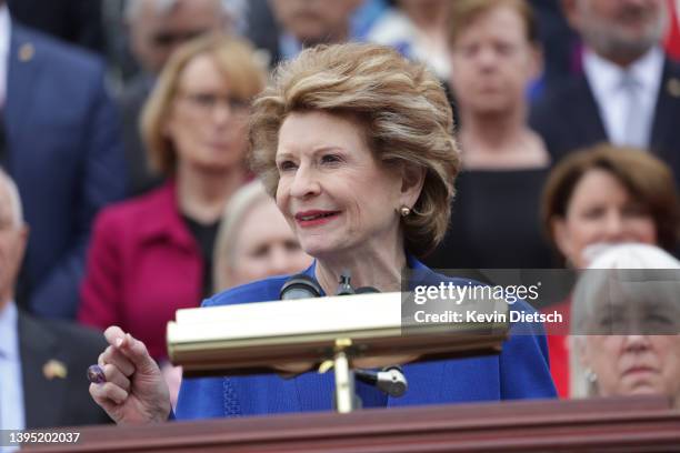 Sen. Debbie Stabenow speaks at a news conference about the leaked Supreme Court draft decision to overturn Roe v. Wade on the steps of the U.S....