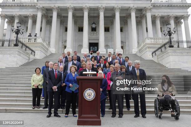 Senate Majority Whip Sen. Richard Durbin speaks at a news conference about the leaked Supreme Court draft decision to overturn Roe v. Wade on the...