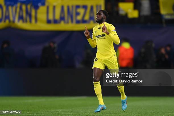 Boulaye Dia of Villarreal CF celebrates after scoring their team's first goal during the UEFA Champions League Semi Final Leg Two match between...