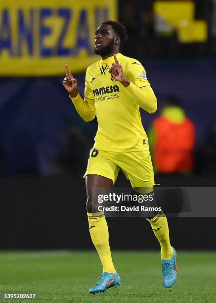 Boulaye Dia of Villarreal CF celebrates after scoring their team's first goal during the UEFA Champions League Semi Final Leg Two match between...